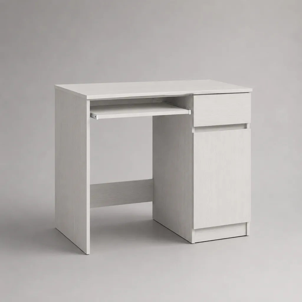 Scrivania rettangolare per computer in pannello truciolare melaminico bianco, 90 x 50 x 75 cm, con ripiano estraibile, cassetto e anta