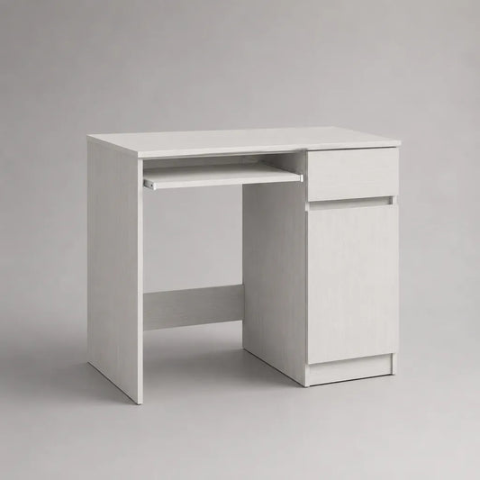 Scrivania rettangolare per computer in pannello truciolare melaminico bianco, 90 x 50 x 75 cm, con ripiano estraibile, cassetto e anta