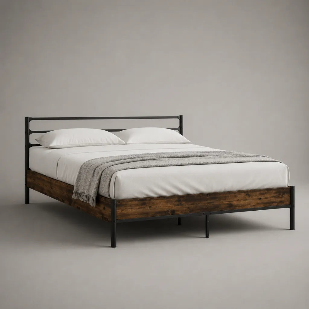 Letto matrimoniale 160 x 200 cm in acciaio e legno, marrone e nero, 166 x 209 x 100 cm