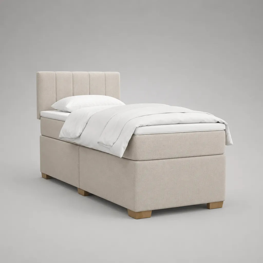 Letto continentale alla francese 140 × 200 cm con materasso e testiera imbottita in tessuto beige, 150 × 210 × 115 cm