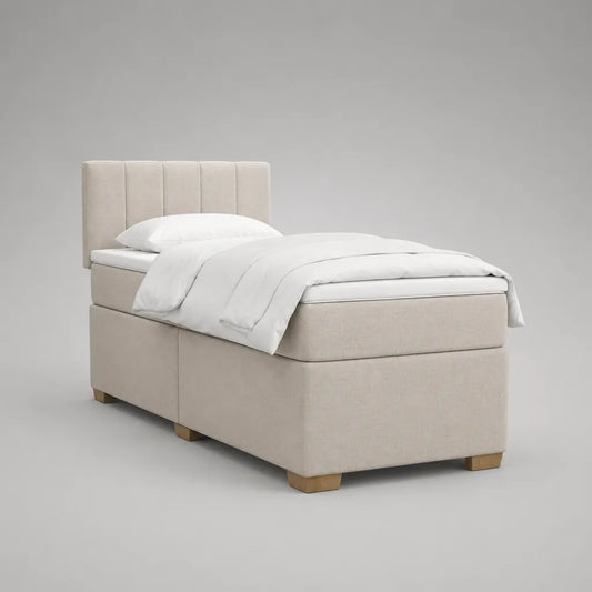 Letto continentale alla francese 140 × 200 cm con materasso e testiera imbottita in tessuto beige, 150 × 210 × 115 cm