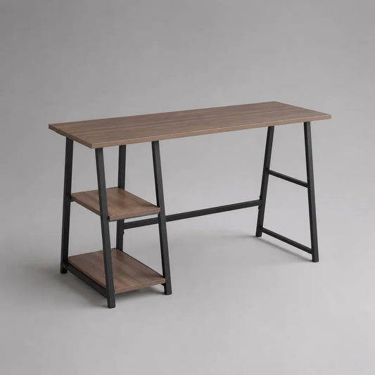 Scrivania rettangolare in truciolare melaminico e acciaio con 2 ripiani, marrone noce e nero, 120 × 60 × 75 cm