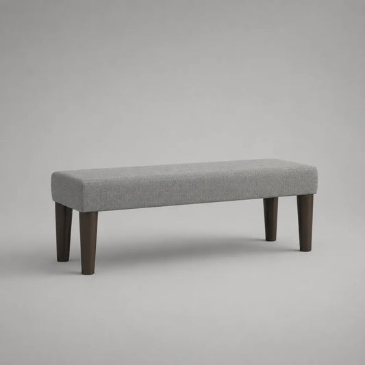 Panca fondo letto rettangolare imbottita in tessuto grigio con gambe in legno marrone scuro, 120 × 40 × 45 cm